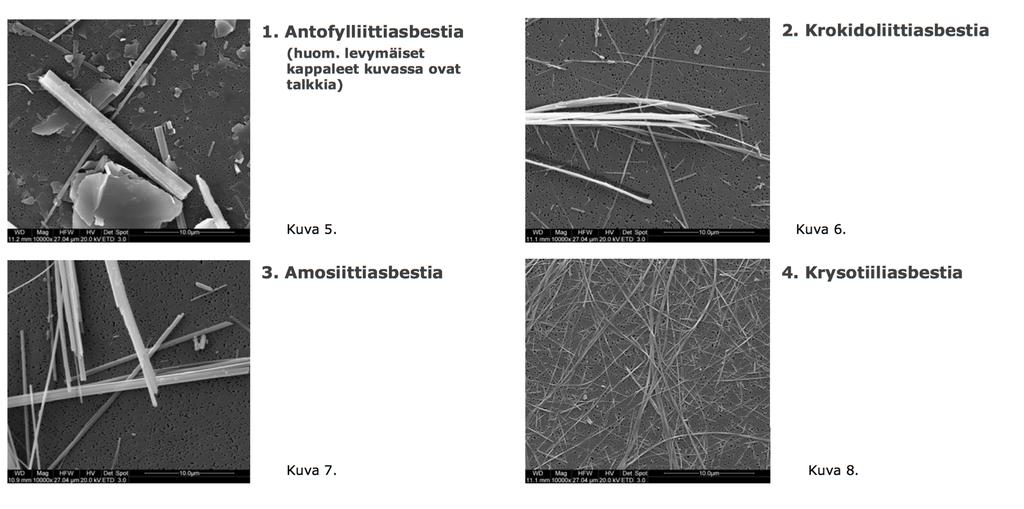 4 Kuvio 2. Yleisiä asbestikuituja Asbestikuidut ovat sitoutuneina rakennusaineeseen tai tuotteisiin, ja niiden murentumisen myötä lisääntyy niiden vapautumisriski ilmaan.