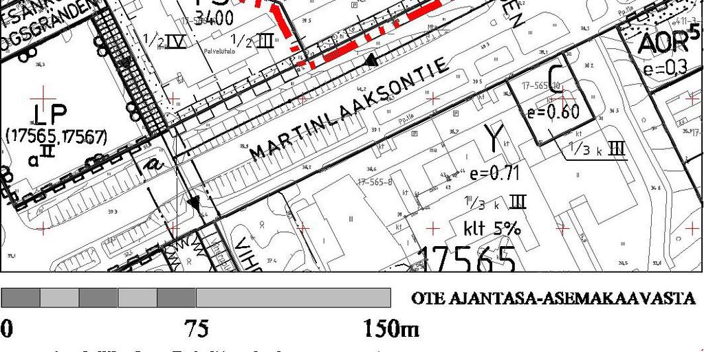 Kuvassa ote ajantasakaavasta + kaavamuutoksen rajaus.