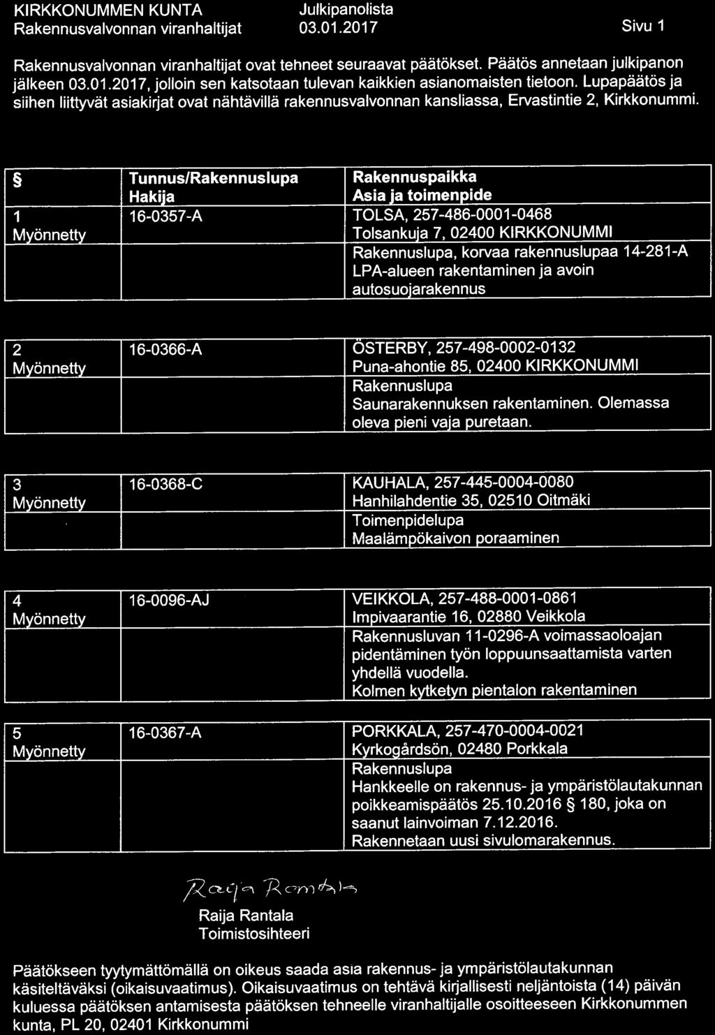 03. 01. 2017 Sivu 1 ovat tehneet seuraavat päätökset. Päätös annetaan julkipanon jälkeen 03. 01. 2017, jolloin sen katsotaan tulevan kaikkien asianomaisten tietoon.