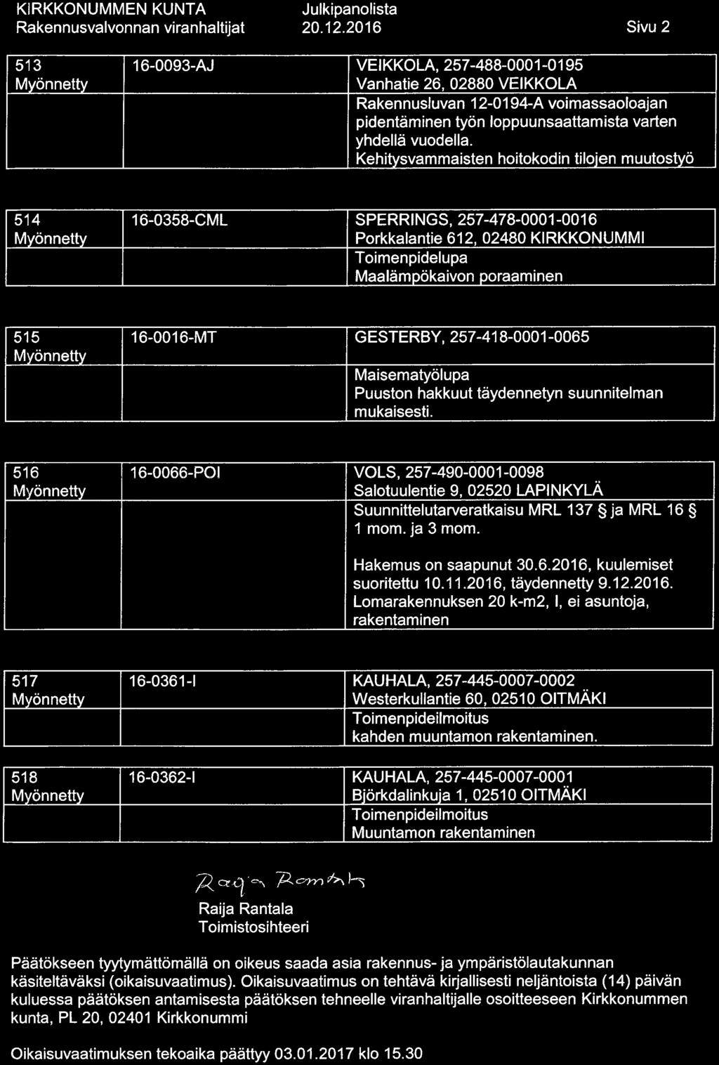 20. 12. 2016 Sivu 2 513 16-0093-AJ VEIKKOLA, 257-488-0001-0195 Vanhatie 26, 02880 VEIKKOLA Rakennusluvan 12-0194-A voimassaoloajan yhdellä vuodella.