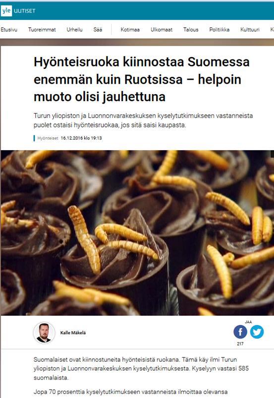 Hyönteiset ruokaketjussa Kuluttajatutkimus 1. Selvittää kuluttajien suhtautumista syötäviin hyönteisiin 2.