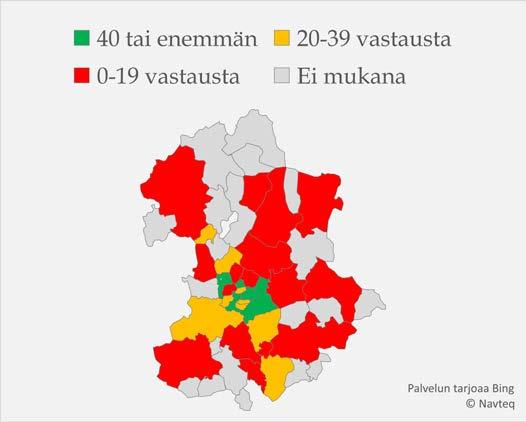 Kuvio 3. Vastausmäärät (kpl) postinumeroalueittain. Kuvio 4. Vastausprosentti kaikista lomakkeen saaneista postinumeroalueittain. 1.2.