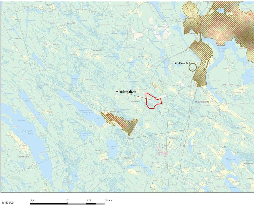 Kuva 16. Hankealuetta lähimmät asemakaava-alueet. (Hiltulanlahti II alueen lisäys Sweco Ympäristö Oy) 3.7 Maisema ja kulttuuriympäristö Hankealue sijaitsee metsätalousalueiden keskellä.