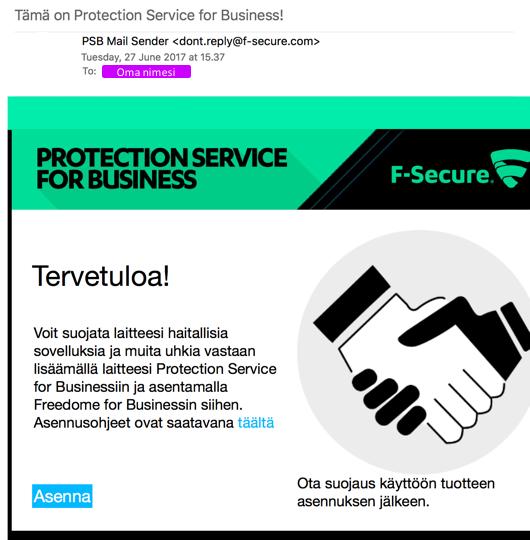 2.1 Mobiilitietoturvan asennus A. Tarkista sähköpostilaatikkosi ja etsi sieltä F-Securen lähettämä alla oleva sähköpostiviesti. B.