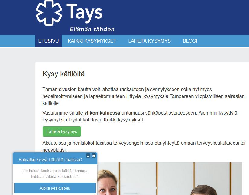 Kuvassa 3 on kuvakaappaus havainnollistamaan Kysy kätilöltä -verkkosivuston näkymää, silloin kun chat-palvelu on avoinna. 57 Kuva 3. Kuvakaappaus Kysy kätilöltä-verkkopalvelun chat-näkymästä 7.