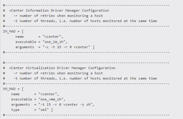 vi oned.conf. 42 Tarkastetaan, että vcenter Information Driver Manager ja vcenter Virtualization Driver Manager konfiguroinnit ovat oikein tai että niitä ei ole kommentoitu pois käytöstä.