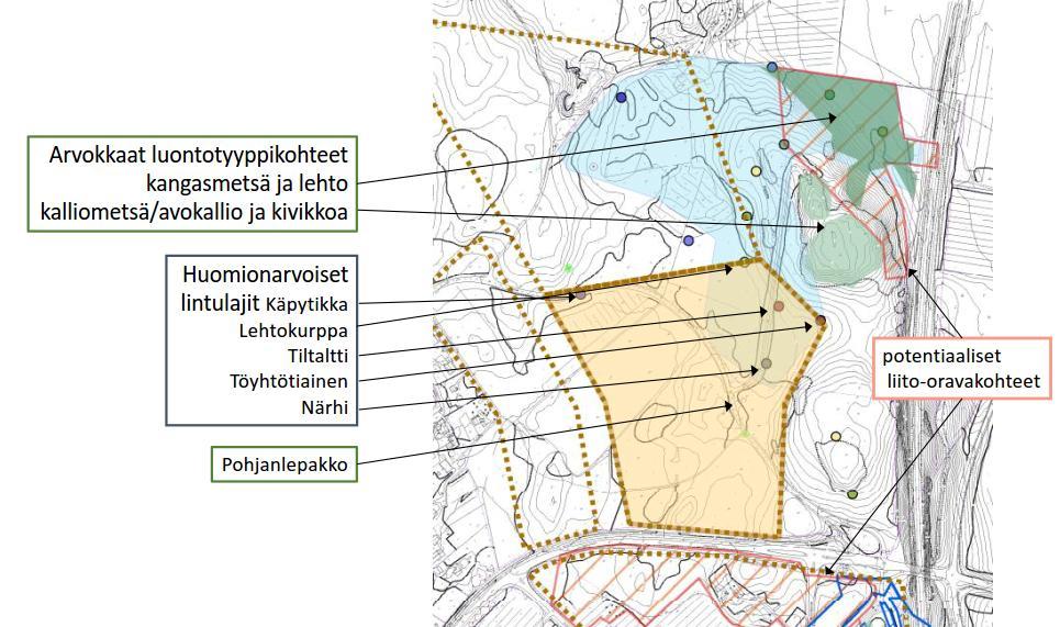 Destia Oy Raportti 6 (19) jeista, joita ovat käpytikka, lehtokurppa, tiltaltti, töyhtötiainen ja närhi. Myös Pohjanlepakolle soveltuvia alueita on kartoitettu.