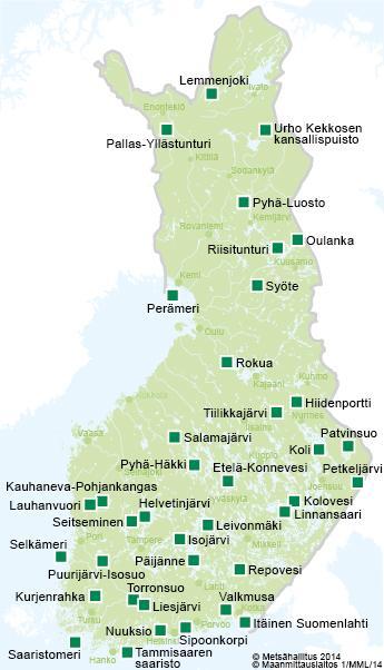 2.3 Suomen kansallispuistojen nykytila Kuvio 1. Kansallispuistot (Metsähallitus 2014.) Tällä hetkellä eri puolilla Suomea on 38 kansallispuistoa, jotka näkyvät yllä olevasta kuviosta 1.