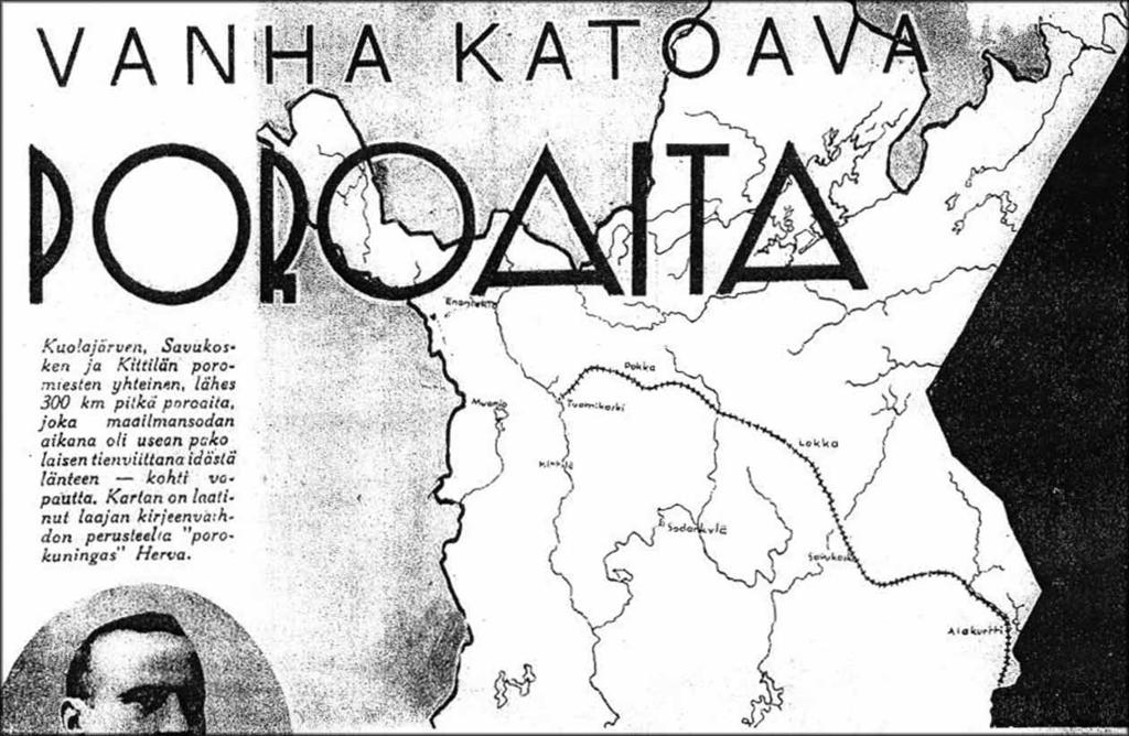 Kuva 162. Hakkapeliitta-lehdessä vuonna 1931 olleeseen lehtiartikkeliin liittyvä karttapiirros. Herralan kautta arvellaan kulkeneen nelisensataa pakolaista.