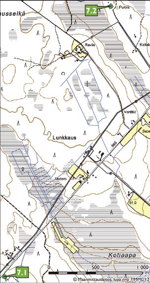 Lunkkauksen kylä Esiteltävät kohteet Kuva 78. Mäntylän päärakennus on rakennettu vuonna 1948. LKYT 2005. Kartta 13. Lunkkauksen kohteet 7.1 Mäntylä 7.2 Purola 7.