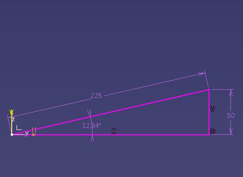 31 Kuva 23. Catialla piirretty kolmio. Suoraan trigonometrisesti laskettuna nivel kääntyy 50 mm:n sisäänjoustossa 13 astetta ja negatiivinen cambermuutos jouston funktiona huomioituna noin 11 astetta.