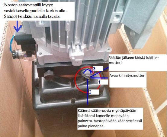 Kuva 18. Nosto- ja laskupaineen säätäminen 5 KÄYTTÖ 5.1 Valmistelut Aja ajoneuvo ajosilloille ja sammuta sen moottori. Aseta nostotyynyt sopiviin paikkoihin. 5.2 Nostaminen Laita virta päälle nostimeen virtakytkimestä ja paina ylös-painiketta ( ).