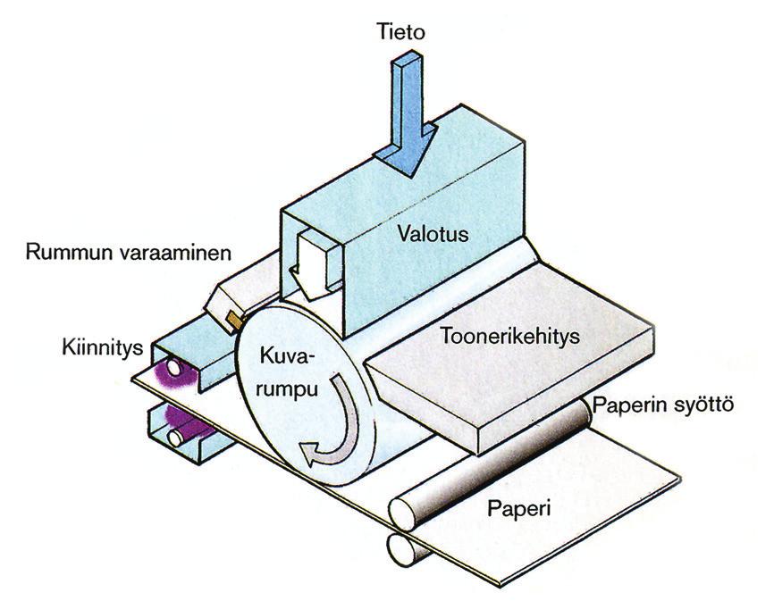 Kuva 1. Elektrofotografiaan perustuvan digitaalisen painokoneen toimintaperiaate (Lehtonen ym. 2003, 105).