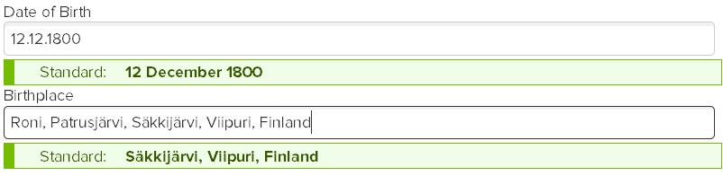 Nyt sekä oma tarkka paikannimesi että FT:n käyttämä Standardipaikannimi ovat tallennetut tähän kohtaan.