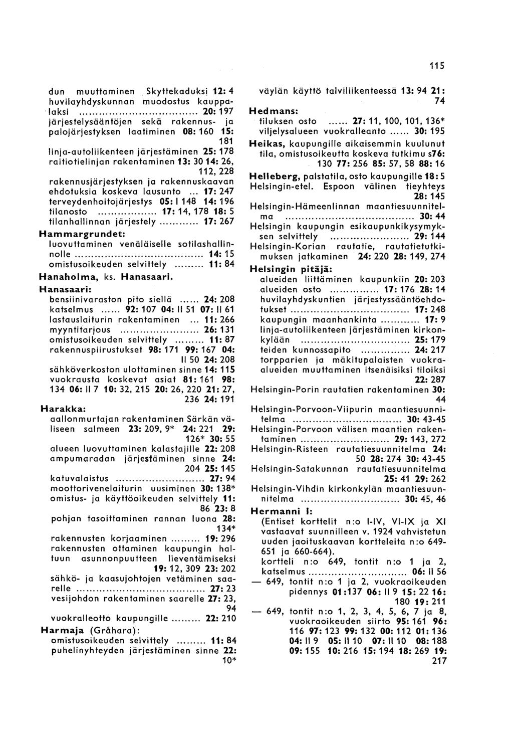 115 dun muuttaminen Skyttekaduksj 12:4 huvilayhdyskunnan muodostus kauppalaksi 20:197 järjestelysääntöjen sekä rakennus- ja palojärjestyksen laatiminen 08: 160 15: 181 linja-autoliikenteen
