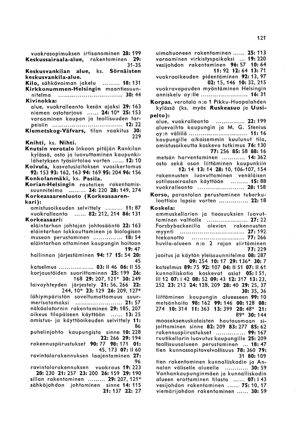 123 vuokrasopimuksen irtisanominen 28: 199 Keskussairaala-alue, rakentaminen 29: 31-35 Keskusvankilan alue, ks. Sörnäisten keskusvankila-alue.