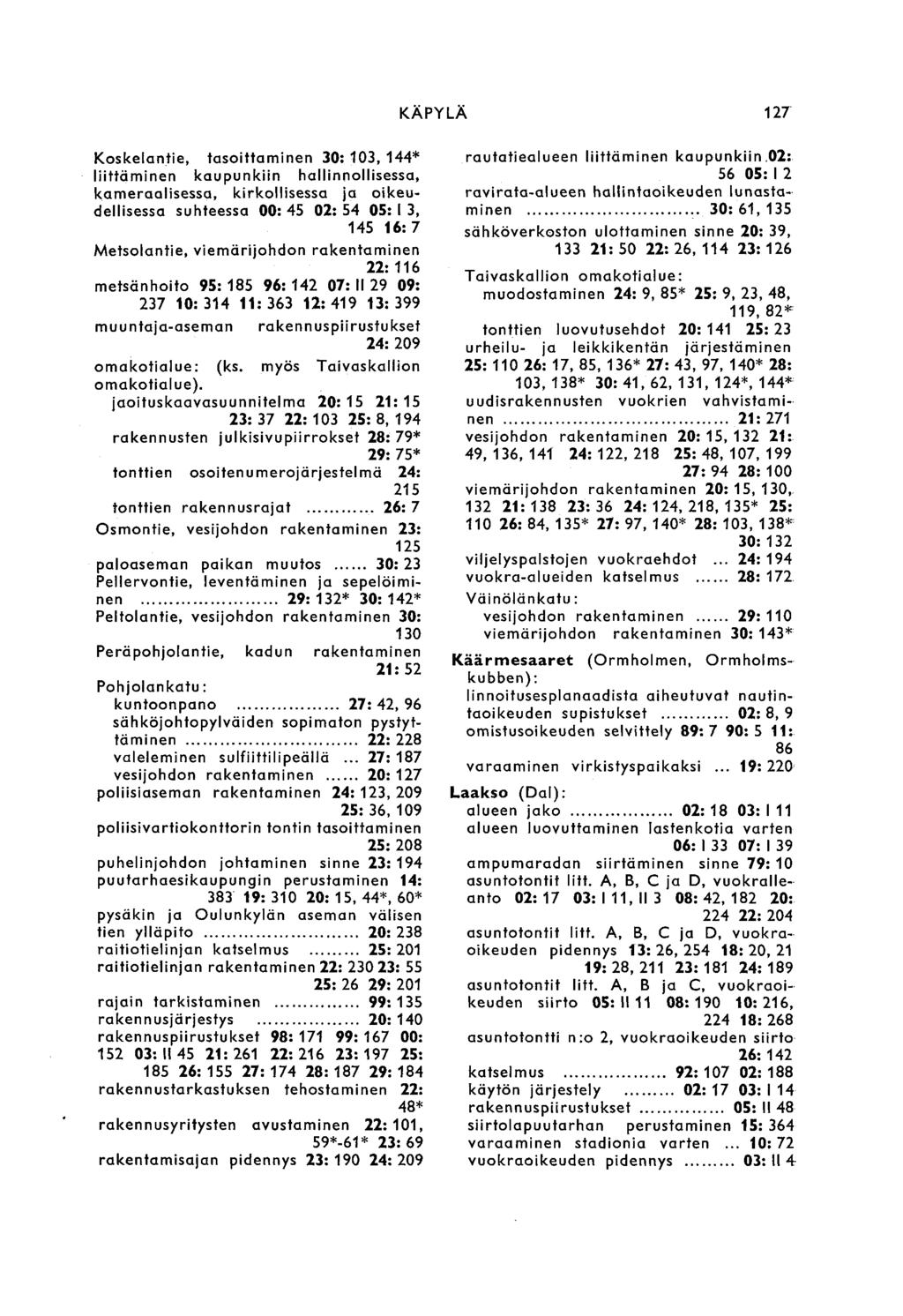 KÄPYLÄ 127 Koskelantie, tasoittaminen 30: 103, 144* liittäminen kaupunkiin hallinnollisessa, kameraalisessa, kirkollisessa ja oikeudellisessa suhteessa 00: 45 02: 54 05: I 3, 145 16:7 Metsolantie,