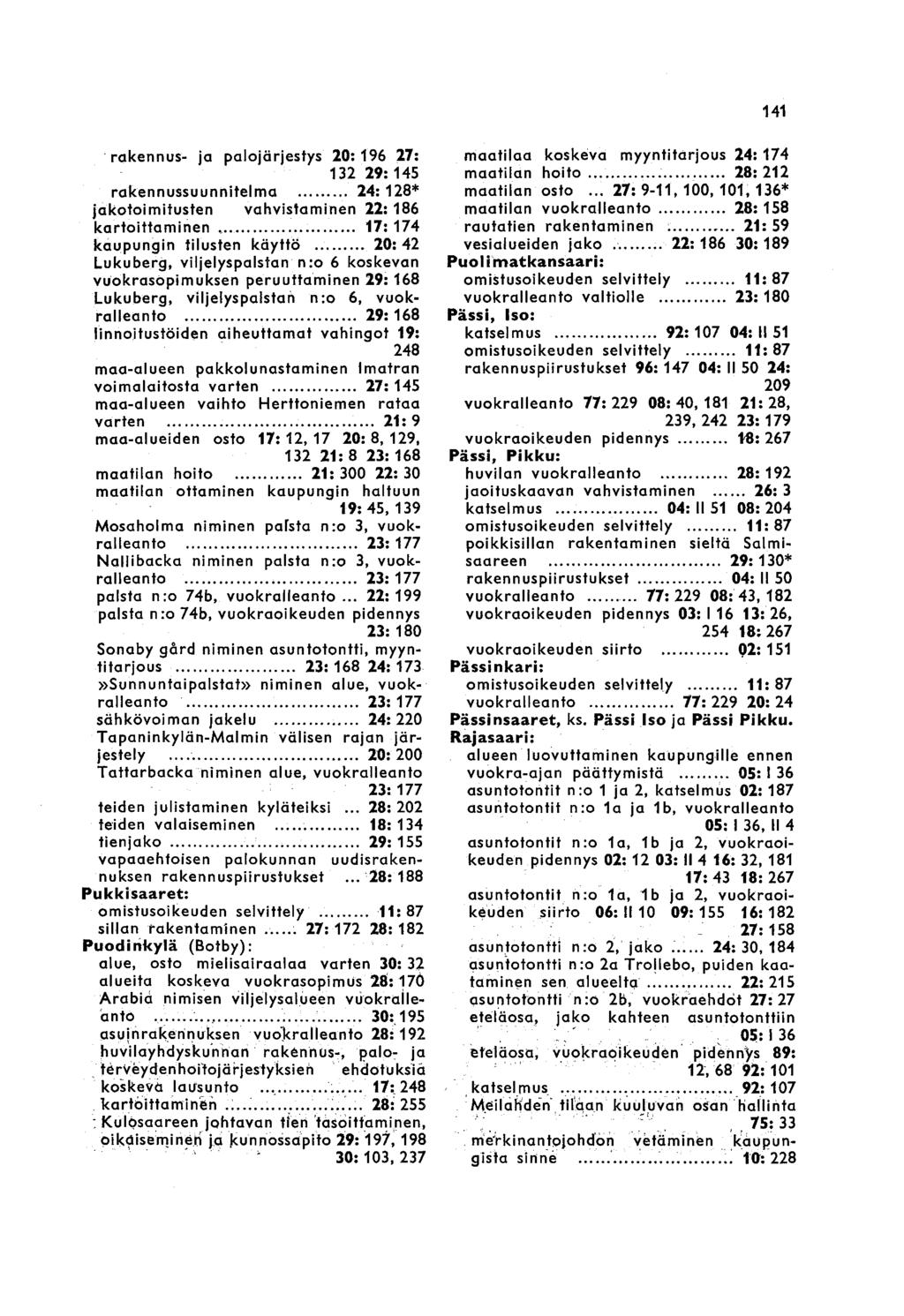 141 rakennus- ja palojärjestys 20:196 27: 132 29:145 rakennussuunnitelma 24:128* jakotoimitusten vahvistaminen 22:186 kartoittaminen 17:174 kaupungin tilusten käyttö.