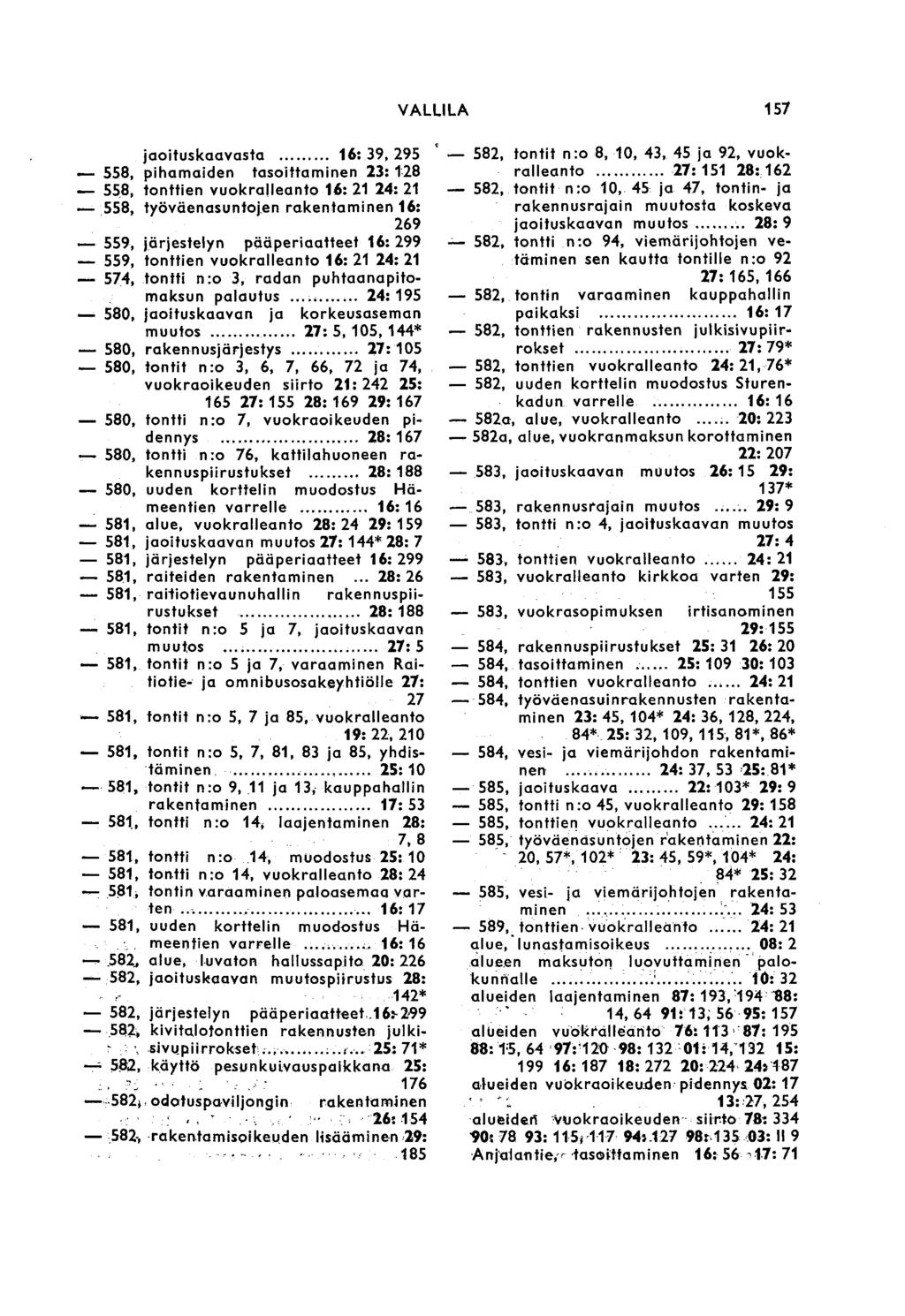 jaoi tus kaavasta 16: 39, 295 558, pihamaiden tasoittaminen 23: 128 558, tonttien vuokralleanto 16: 21 24:21 558, työväenasuntojen rakentaminen 16: 269 559, järjestelyn pääperiaatteet 16: 299 559,