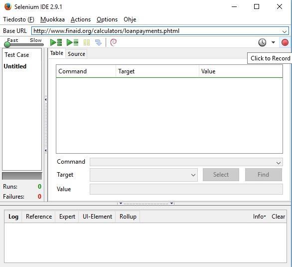 Testin luominen alkaa kirjoittamalla Base URL kohtaan testattava sivu, tässä tapauksessa http://www.finaid.org/calculators/loanpayments.