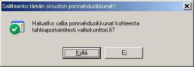 3. Suljetaan Tietopalkkiin liittyvä huomautus valitsemalla OK ja valitaan selaimen toimintonäppäinpalkkien ja Tahtin näytön välissä olevasta keltaisesta