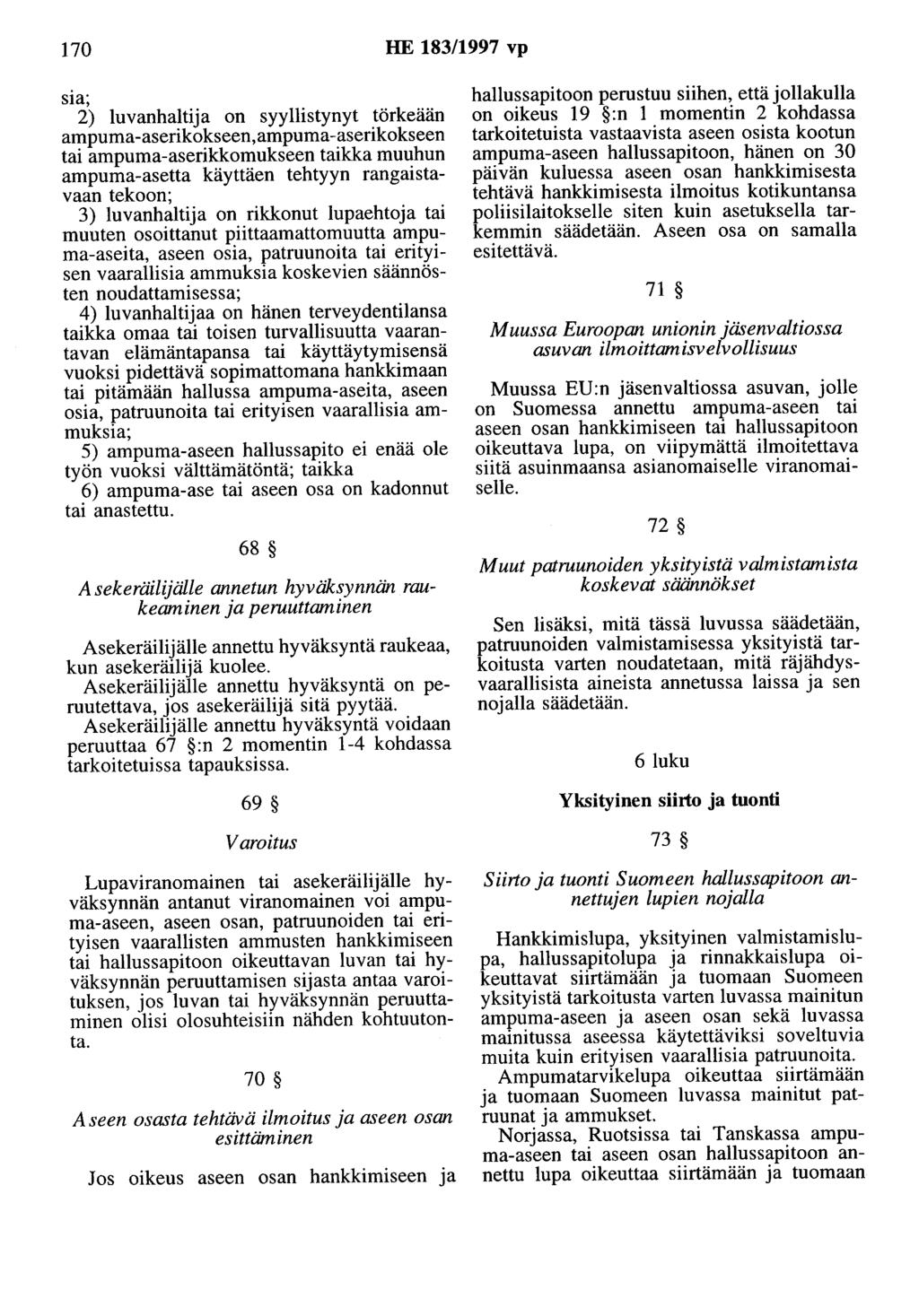 170 HE 183/1997 vp sia; 2) luvanhaltija on syyllistynyt tärkeään ampuma-aserikokseen,ampuma-aserikokseen tai ampuma-aserikkomukseen taikka muuhun ampuma-asetta käyttäen tehtyyn rangaistavaan tekoon;