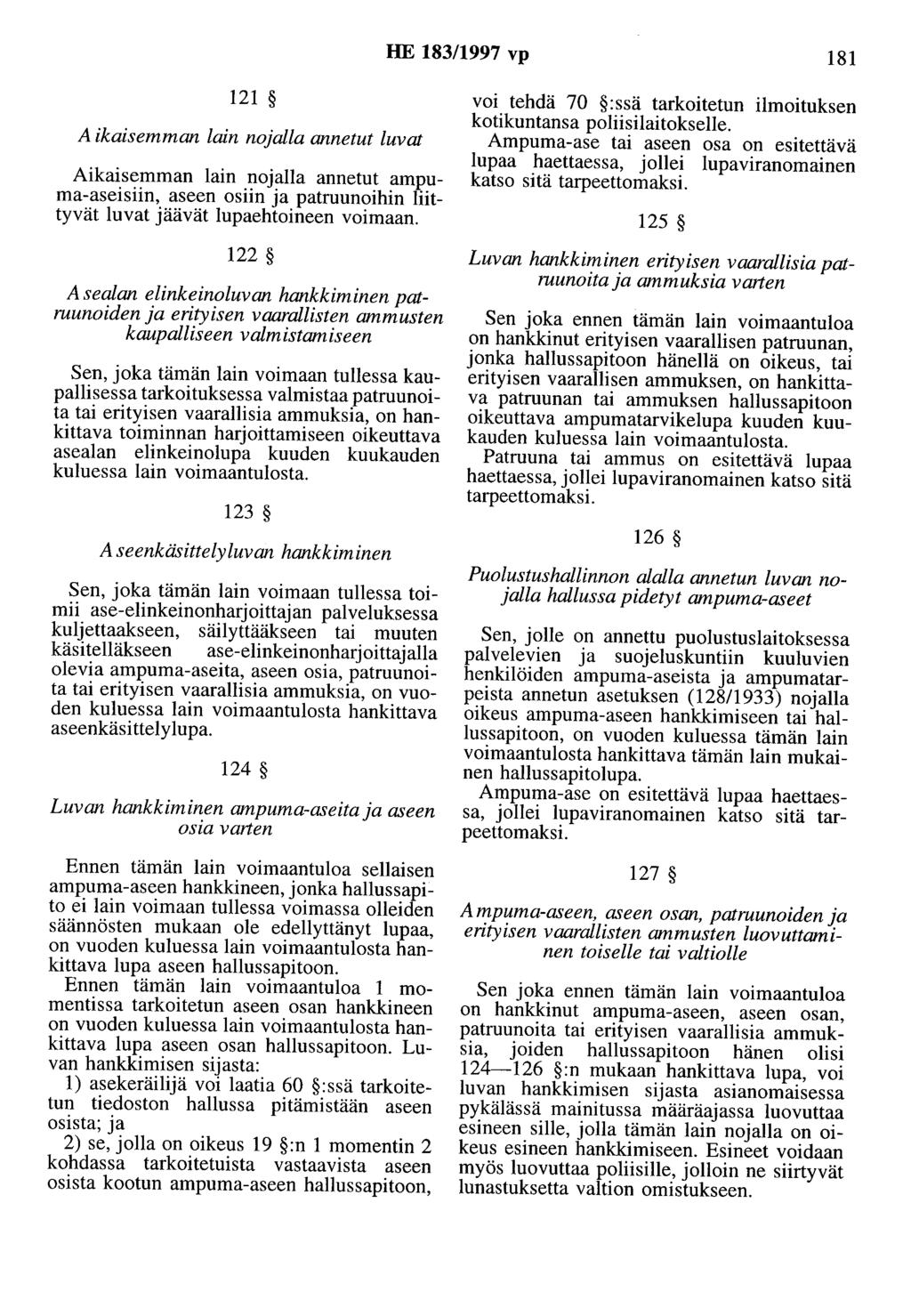 HE 183/1997 vp 181 121 A ikaisemman lain nojalla annetut luvat Aikaisemman lain nojalla annetut ampuma-aseisiin, aseen osiin ja patruunoihin liittyvät luvat jäävät lupaehtoineen voimaan.