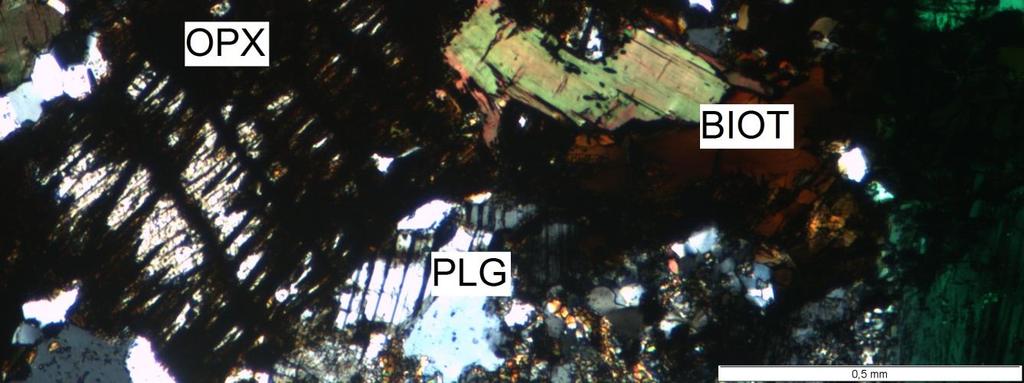 Lohkorakojaan myöten muuttunut ortopyrokseeni (OPX) porfyyrisessä graniitissa, ohuthie no. 1113965, analyysitunnus L10094379. BIOT=biotiitti, PLG=plagioklaasi.