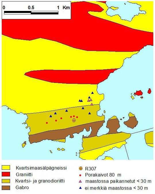 5 Kuva 2. Kopparnäsin tutkimusreiät ja kallioperäkartta (Laitala 1961). Vesi- ja tieteemat maanmittauslaitos, lupa nro 13/MYY/05.