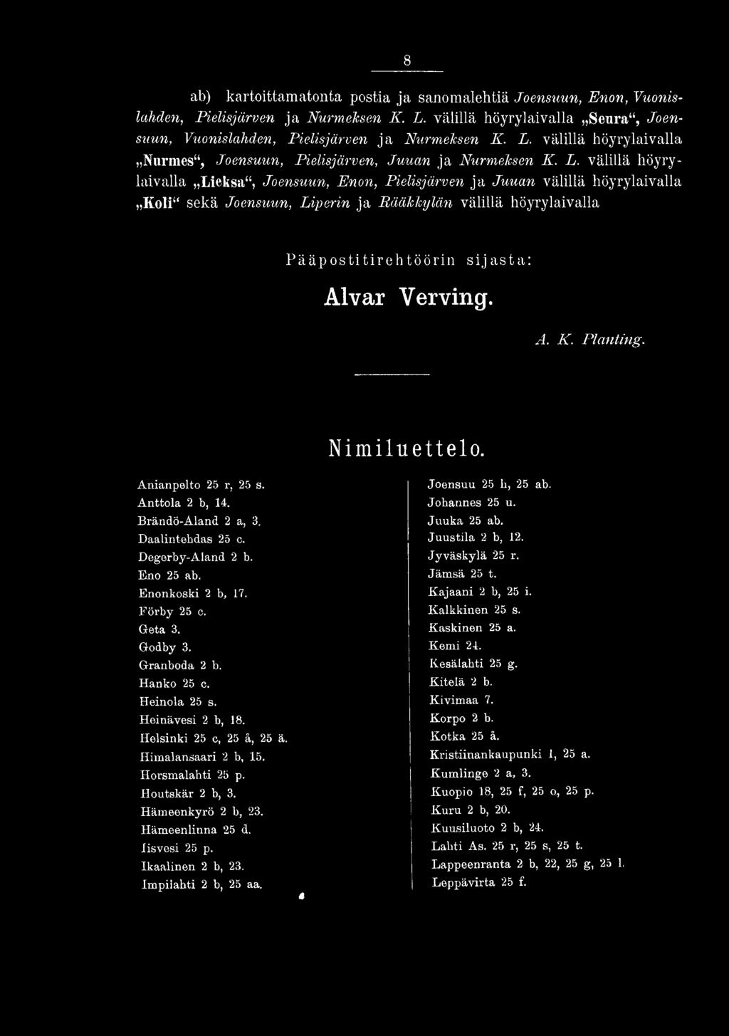 Verving. A. K. Planting. N i m i l u e t t e l o. Anianpelto 25 r, 25 s. Anttola 2 b, 14. Brändö-Aland 2 a, 3. Daalintehdas 25 c. Degerby-Aland 2 b. Eno 25 ab. Enonkoski 2 b, 17. Förby 25 o. Geta 3.