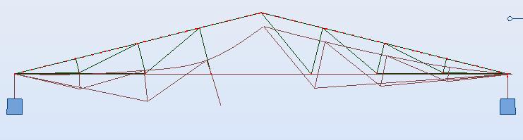 Tapaus 1: Ristikko romahtaa alas jos kuvan 20 punaisella merkityt ristikon alapaarteena toimivat kolme vetotanko katkeaa. Kuva 20.