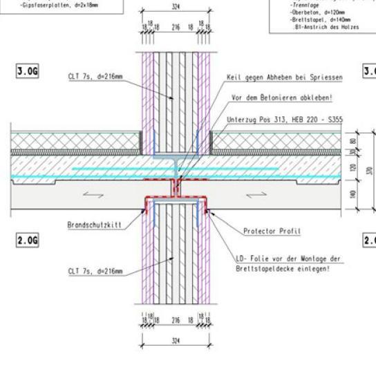 Details : Facades and Walls (vertical view) : HEB 220 S355 Floors and walls (horizontal view) : Kerto Q column