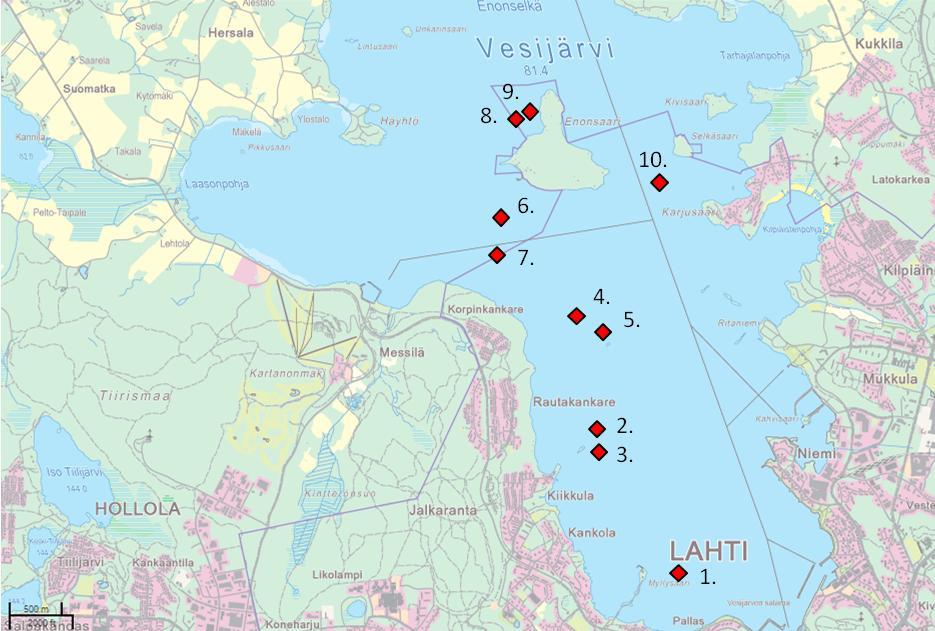4 Kuva 1. Vesijärven pohjaeläintarkkailun havaintopaikkojen sijainti: 1) Myllysaari 14.5 m, 2) Vasikkasaari syvänne 22 m, 3) Vasikkasaari välisyvyys 10.