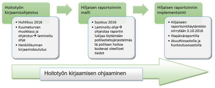 24 5 KEHITTÄMISPROJEKTIN ETENEMINEN JA TULOKSET Kehittämisprojekti oli kolmivaiheinen prosessi, johon sisältyi kirjaamisohjeistus, hiljaisen raportoinnin malli sekä hiljaisen raportoinnin