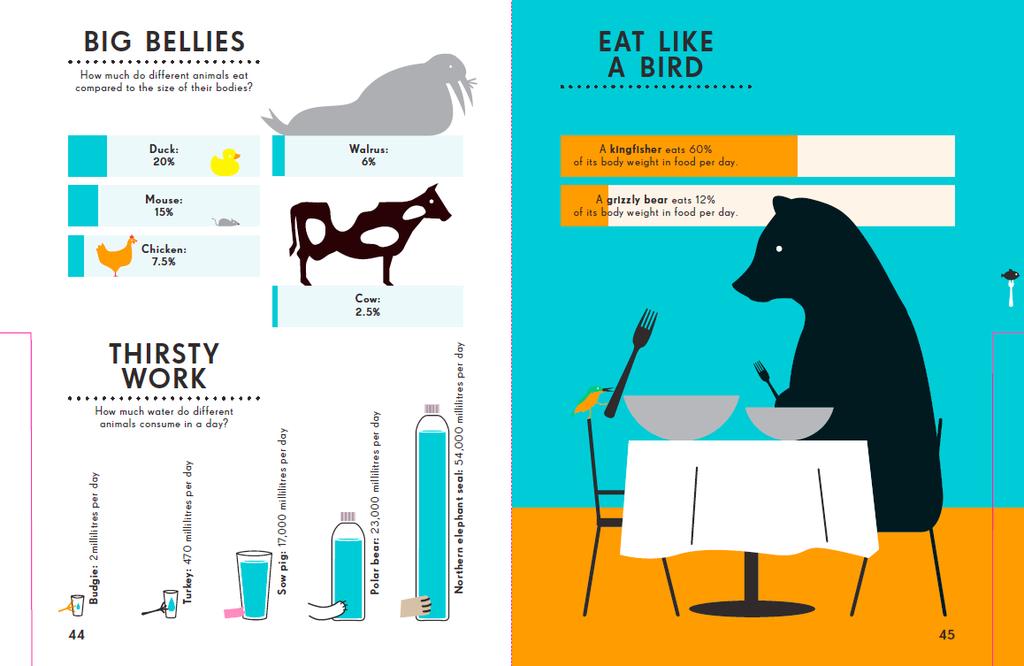 12 Rogersin ja Martineaun lapsille suunnattujen infografiikoiden tyyli on selkeää, pelkistettyä ja värikästä, mutta kunkin kuvittajan oma persoonallinen jälki näkyy kuvissa.