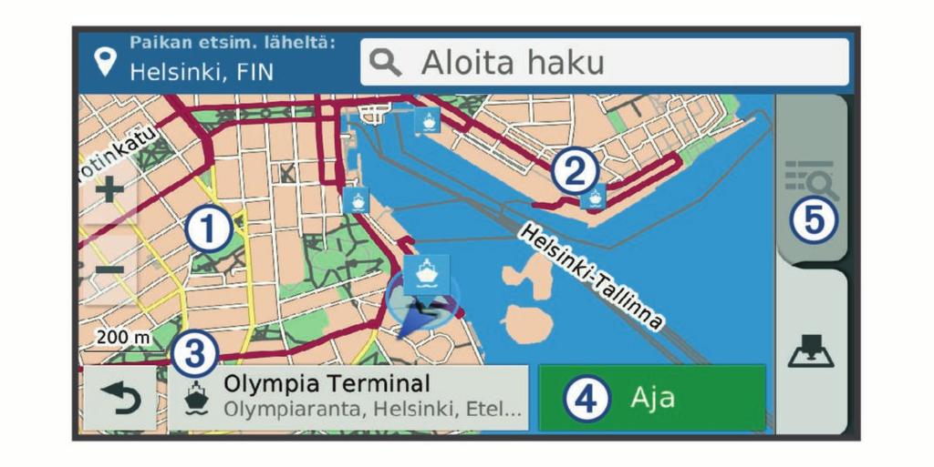 Voit luoda reitin suuremmassa paikassa sijaitsevaan kohdepisteeseen, kuten yksittäiseen kauppaan kauppakeskuksessa tai tiettyyn terminaaliin lentokentällä. 1 Valitse Minne? > Aloita haku.