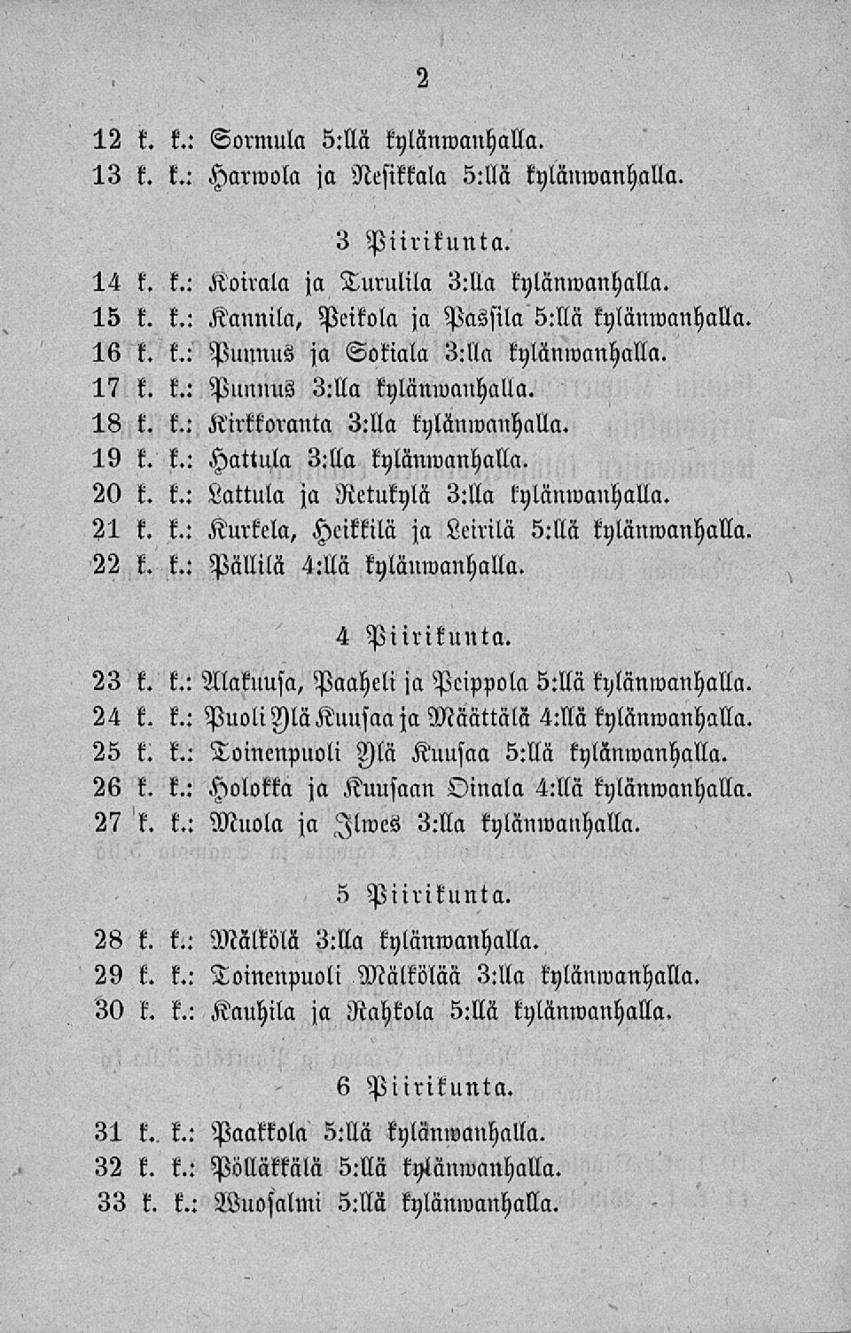 12 k. k.: Sornmla 5:llä kylänwanhalla. 13 k. k.: Harwola ja Nesikkala 5:llä kylänwanhalla. 3 Piirikunta. 14 k. t.: Koirala ja Turulila 3:lla tylänwanhalla. 15 t. k.: Kannila, Peikola ja Passila 5:llä kulänwanhalla, 16 k.