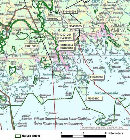 Ympäristövaikutusten arviointiselostus, Mussalo 56 (118) Taulukko 11. Natura 2000 verkostoon sisällytetyt alueet Kotkassa.