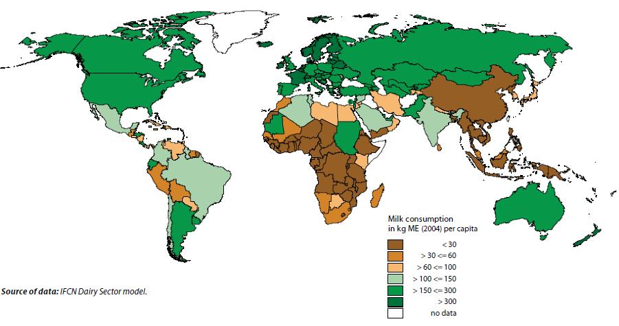 47 2.4.1 Maidonkulutus maailmalla Maailmalla maitoa kulutetaan eri maitotuotteiden muodossa eli maitoekvivalentteina (ME) yli 150 kgme/henkilö/vuosi Argentiinassa, Armeniassa, Australiassa, Costa