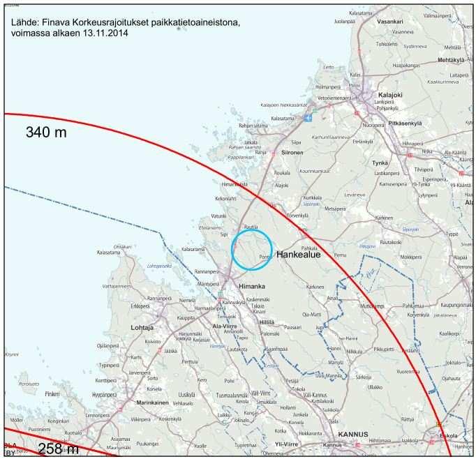 YMPÄRISTÖVAIKUTUSTEN ARVIOINTISELOSTUS 275 / 330 Kuva 131. Hankealueen läheiset korkeusrajoitusalueet.