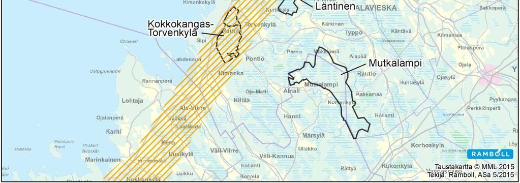 Rannikkoa seuraavalle lintujen tärkeälle muuttoreitille sijoittuvat hankkeista Kokkokangas-Torvenkylän lisäksi Mustilankangas, Jokela, Tohkoja ja Pyhäjoen Mäkikangas (kuva 146).