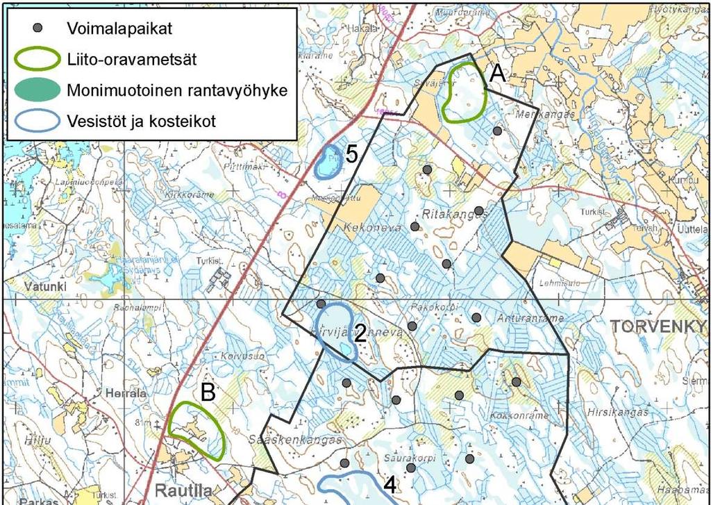 YMPÄRISTÖVAIKUTUSTEN ARVIOINTISELOSTUS 165 / 330 Kuva 100. Luonnon monimuotoisuuden kannalta arvokkaat kohteet.