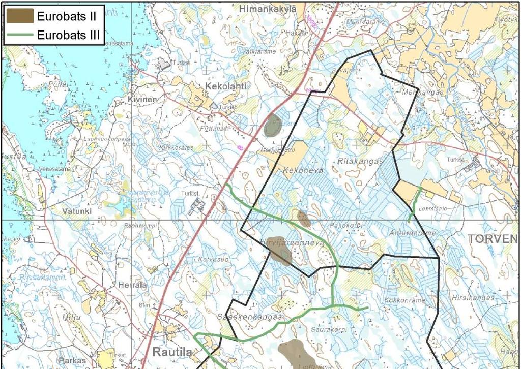 YMPÄRISTÖVAIKUTUSTEN ARVIOINTISELOSTUS 206 / 330 Kuva 115. Lepakoiden kannalta arvokkaat saalistuskohteet ja siirtymisreitit hankealueella.