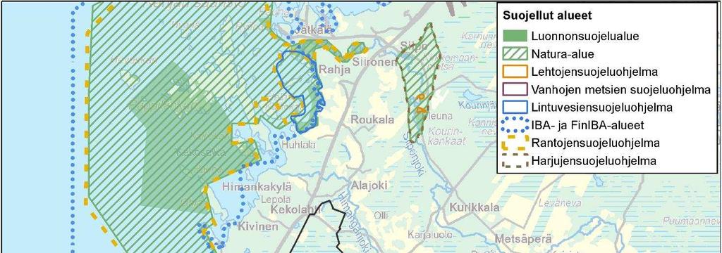 YMPÄRISTÖVAIKUTUSTEN ARVIOINTISELOSTUS 218 / 330 janiemen linnustollisesti arvokkaat FINIBA-alueet. Muut luonnonsuojelualueet sijaitsevat hankealueesta vähintään noin 10 kilometrin etäisyydellä.