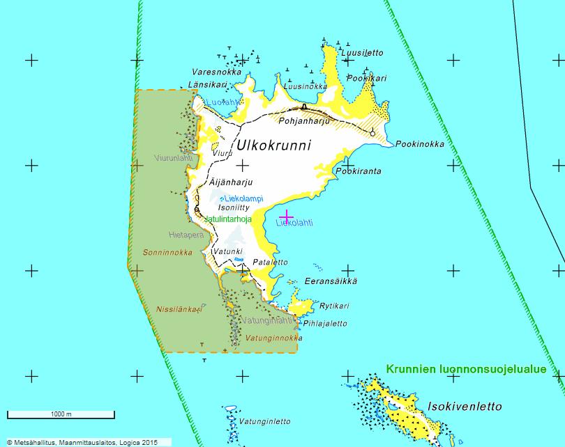 Esimerkki 4. Meriharjuksen rauhoituspiiri Perämeren suurehkossa saaressa, jonka länsiranta on meriharjuksen lisääntymisaluetta (kuva 4). Alueelta on pyydetty emokalasto.