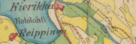 Karttaote 3. Ote Pirkkalan pitäjänkartasta vuodelta 1903 (ei mittakaavassa). Isojakokartoissa kuvatulla 1700-luvun kylätontilla sijaitsee vielä tässä vaiheessa useita talotontteja.