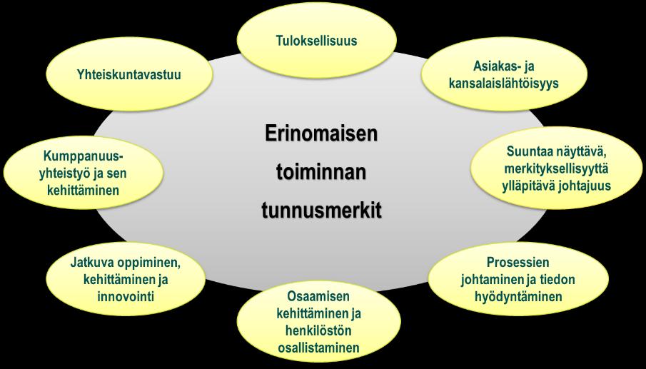 11 (83) Kuvio 4. Erinomaisuuden tunnusmerkit. Tunnusmerkki 1: Tuloksellisuus Organisaatio keskittyy tuloksiin.