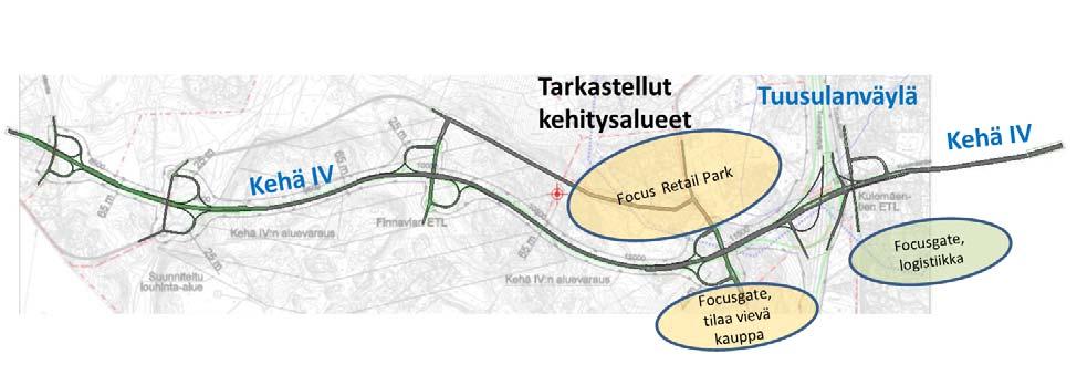 FOCUS-ALUEEN LIIKENNETARKASTELUT Lähtökohdat ja oletukset Liikenteellinen toimivuustarkastelu on laadittu Paramics-mikrosimulointiohjelmalla. Tarkastelualue on esitetty kuvassa 1.