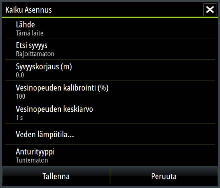 10 LIITE Zeus2 Lähde Valitsemalla tämän vaihtoehdon voit näyttää luettelon määrityksessä käytössä olevista kaikuluotainlähteistä.