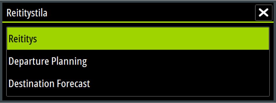 Reititystila Valitse joku seuraavista tiloista: Routing (Reititys) PredictWind-reititys-valintaikkuna aukeaa Reititysasetusten valintaan.